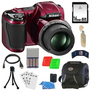 Nikon COOLPIX L820 16 MP Digital Camera with 30x Zoom (Red) + 4 AA Batteries with AC DC Rapid Charger + 10pc Bundle 16GB Deluxe Accessory Kit