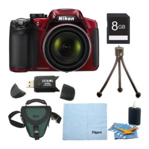 Nikon COOLPIX P520 18.1 MP Digital Camera with 42x Zoom (Red) Deluxe Bundle With 8GB SDHC card , Digpro case , cleaning kit and more